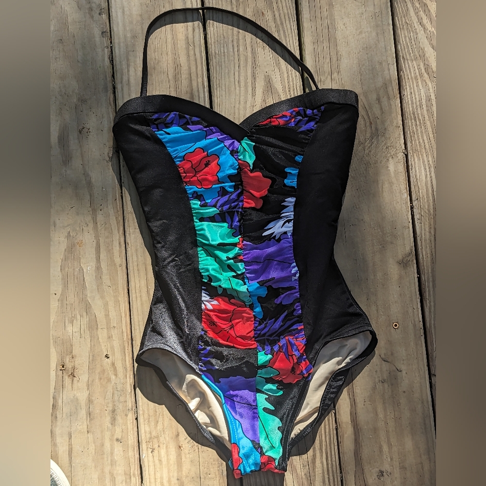Vintage 80’s Carol Wior Slimsuit  Geo Floral One Piece Bathing Suit Colorful